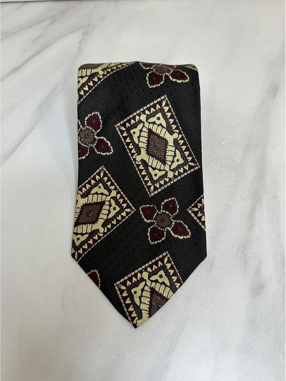 Vintage Talbott Studio grey burgundy cream tribal 100% silk tie made in USA